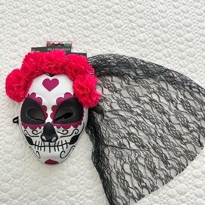 Sugar Skull (Día de Los Muertos) Attached Veil-Mask